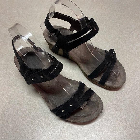 Mephisto cork wedge heel sandals Minoa black size 37 lizard rhinestone - Picture 2 of 9